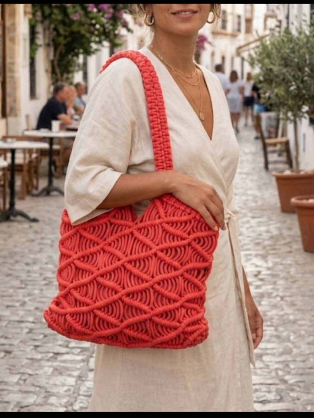 C&C California Coral Macramé Knit Tote Bag